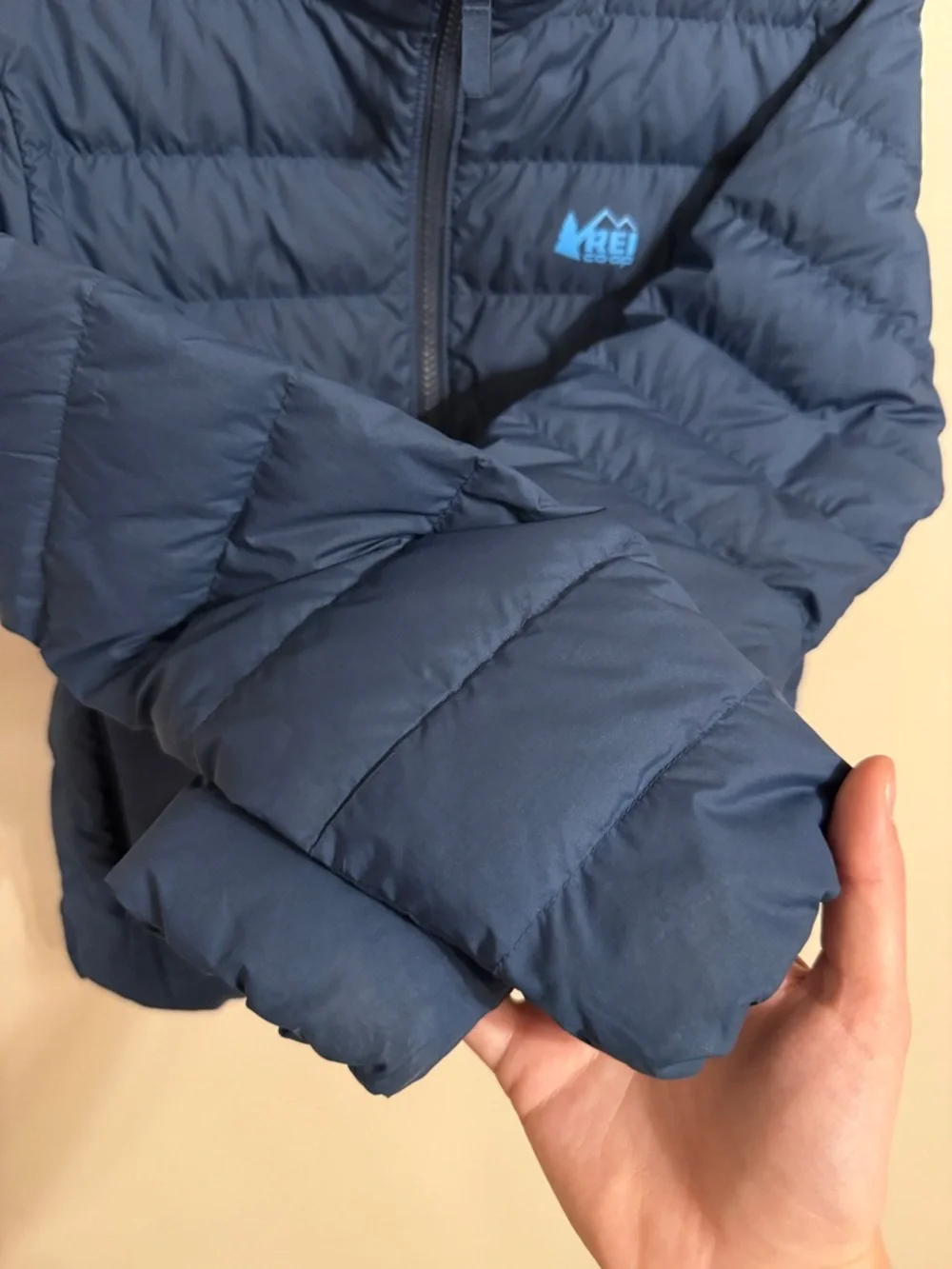 REI Puffer 80% Down Insulated Jacket Youth Packable Blue Full Zip Pockets Medium